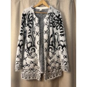 Pinklicous Fuzzy Black And White Open Front Cardigan Abstract Design S/M